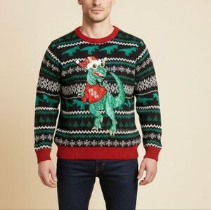 Hideous Dinosaur Ugly  Christmas Sweater - Black, Green, and Red